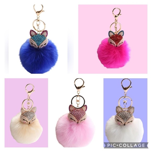 Fluffy Fox White and Gold Pom Rhinestone Bag Charm Key Chain - Picture 3 of 3